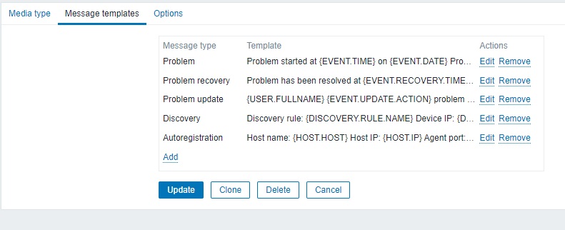 Message templates in Zabbix UI