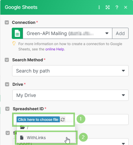 Select the created spreadsheet using links to files